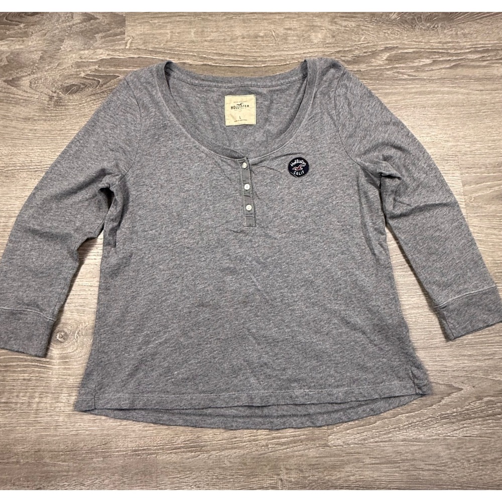 Hollister Womens Heather Gray Henley Long Sleeve Logo Patch Top Large